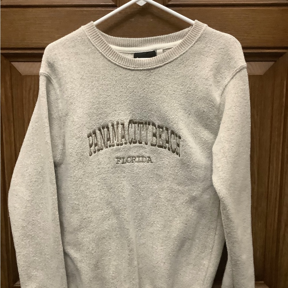 Cream Crewneck Sweatshirt with Palm Beach Embroidery